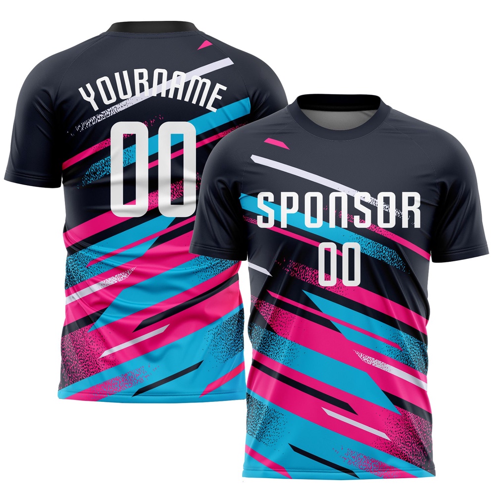 Navy White Pink Light Blue Sublimation Soccer Uniform Jersey, Custom Team Soccer Jersey Shirt Navy White Pink Light Blue Sublimation Soccer Uniform Jersey, Custom Team Soccer Jersey Shirt
