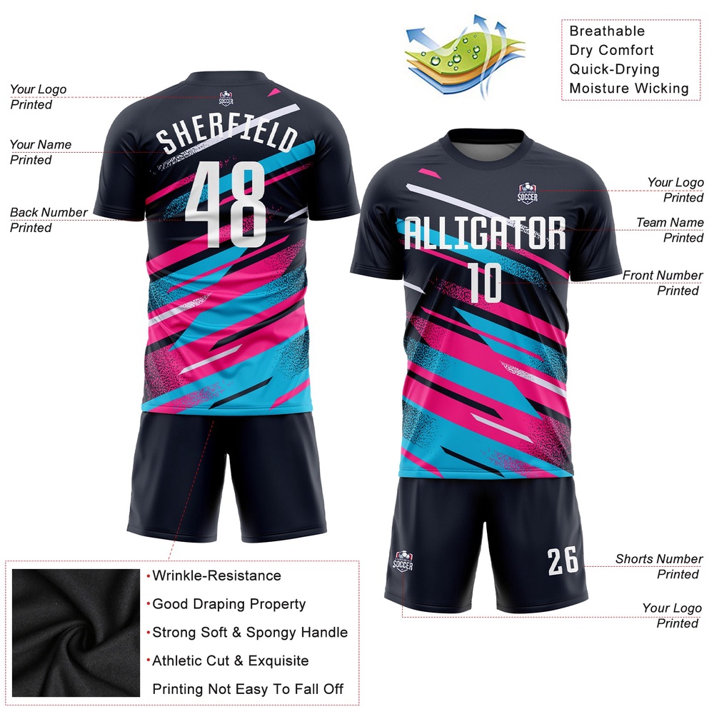 Navy White Pink Light Blue Sublimation Soccer Uniform Jersey, Custom Team Soccer Jersey Shirt Navy White Pink Light Blue Sublimation Soccer Uniform Jersey, Custom Team Soccer Jersey Shirt