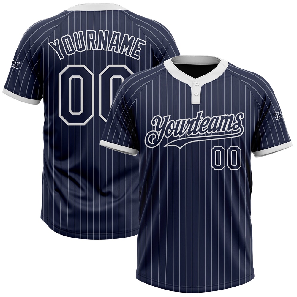 Navy White Pinstripe White Two Button Unisex Softball Jersey, Custom Team Softball Jersey Navy White Pinstripe White Two Button Unisex Softball Jersey, Custom Team Softball Jersey