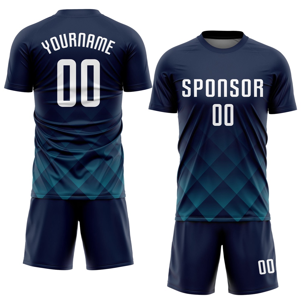 Navy White Teal Sublimation Soccer Uniform Jersey, Custom Team Soccer Jersey Shirt