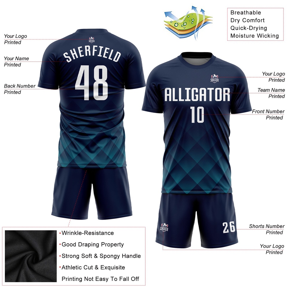 Navy White Teal Sublimation Soccer Uniform Jersey, Custom Team Soccer Jersey Shirt