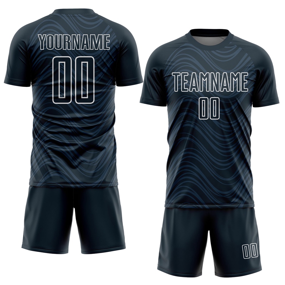 Navy White Wavy Lines Sublimation Soccer Uniform Jersey, Custom Team Soccer Jersey Shirt Navy White Wavy Lines Sublimation Soccer Uniform Jersey, Custom Team Soccer Jersey Shirt