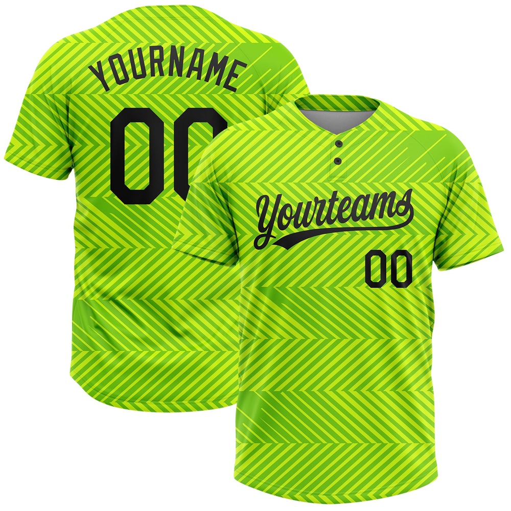 Neon Green Black 3D Pattern Two Button Unisex Softball Jersey, Custom Team Softball Jersey