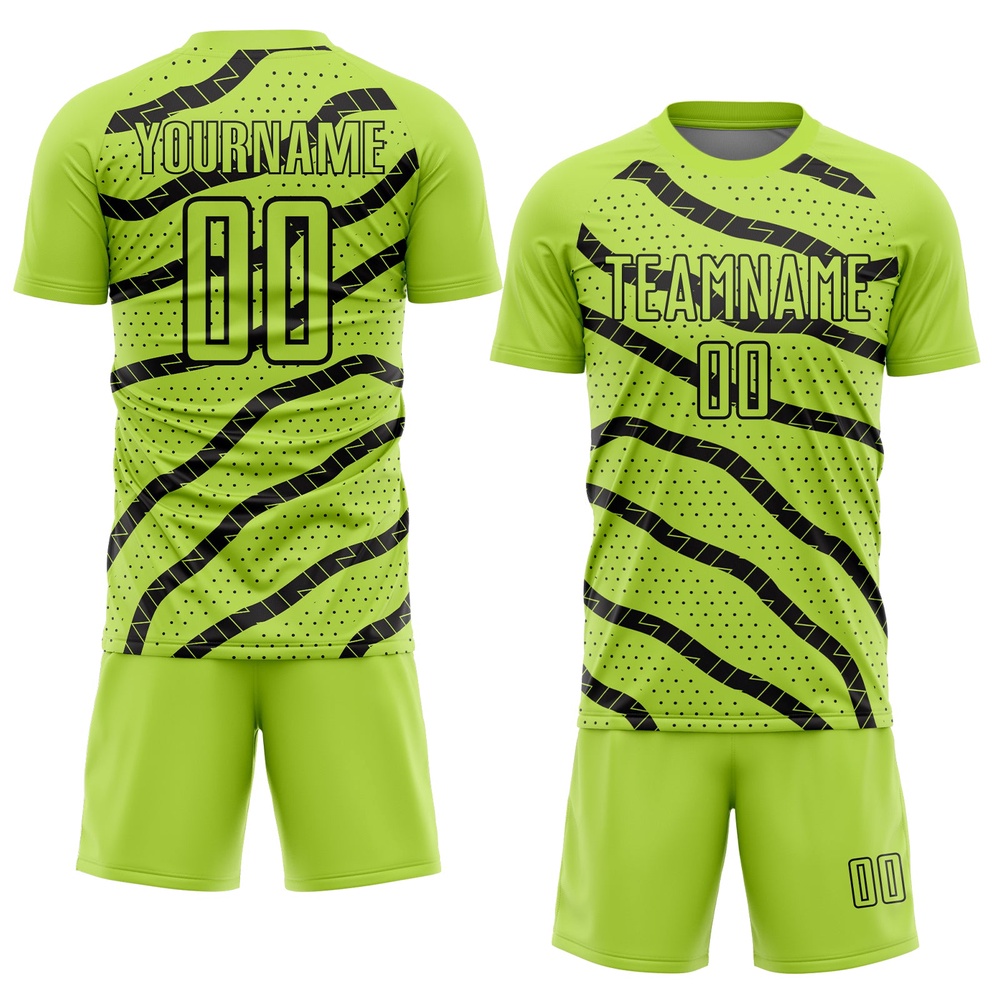 Neon Green Black Lines And Dots Sublimation Soccer Uniform Jersey, Custom Team Soccer Jersey Shirt Neon Green Black Lines And Dots Sublimation Soccer Uniform Jersey, Custom Team Soccer Jersey Shirt