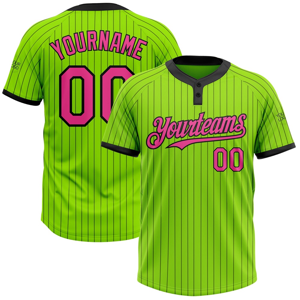 Neon Green Black Pinstripe Pink Two Button Unisex Softball Jersey, Custom Team Softball Jersey Neon Green Black Pinstripe Pink Two Button Unisex Softball Jersey, Custom Team Softball Jersey