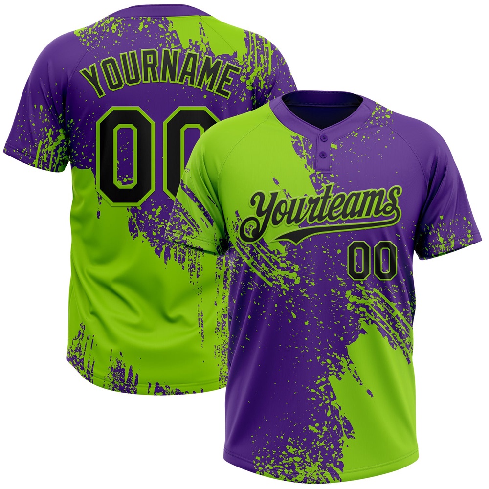 Neon Green Black Purple 3D Pattern Abstract Brush Stroke Two Button Unisex Softball Jersey, Custom Team Softball Jersey
