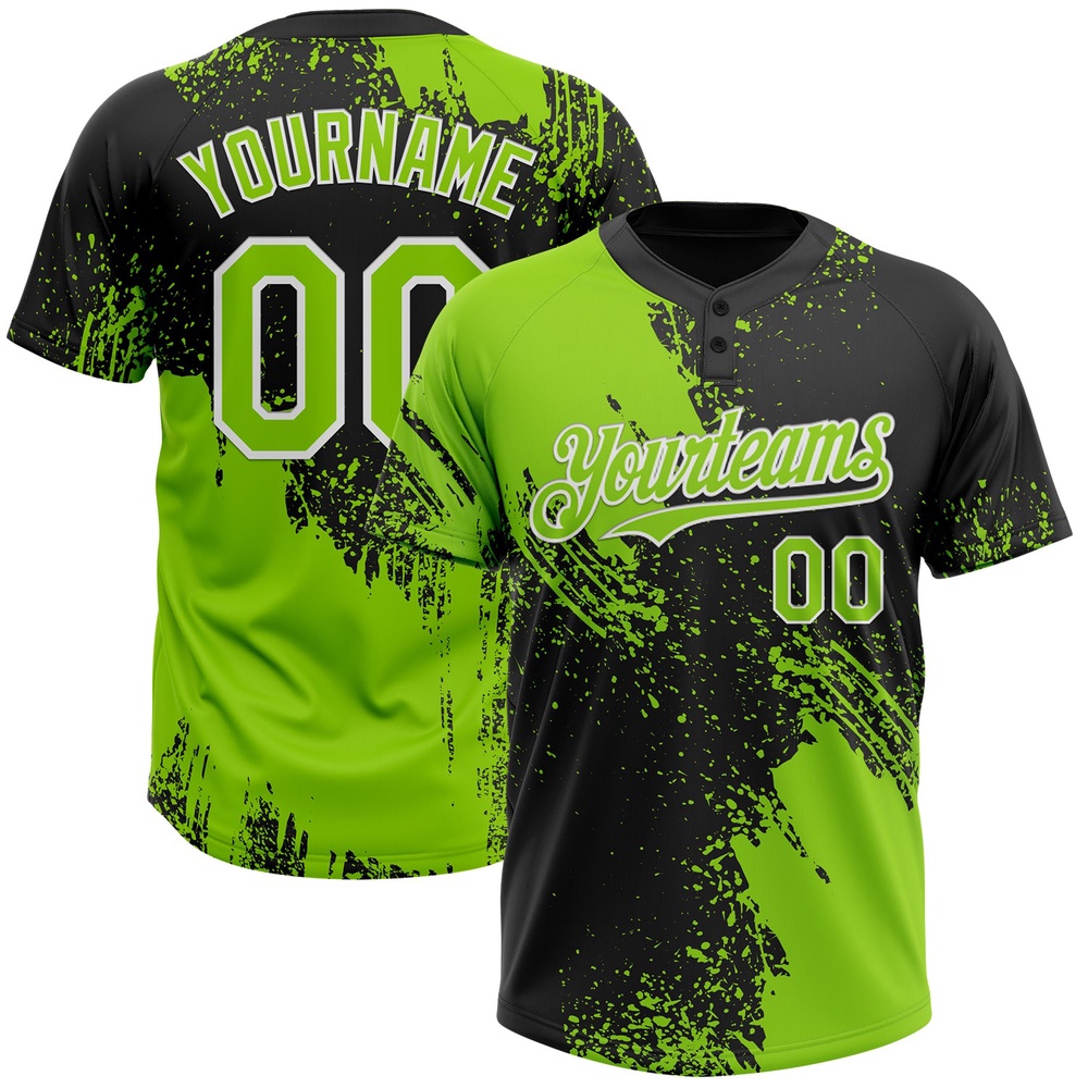 Neon Green Black White 3D Pattern Abstract Brush Stroke Two Button Unisex Softball Jersey, Custom Team Softball Jersey Neon Green Black White 3D Pattern Abstract Brush Stroke Two Button Unisex Softball Jersey, Custom Team Softball Jersey