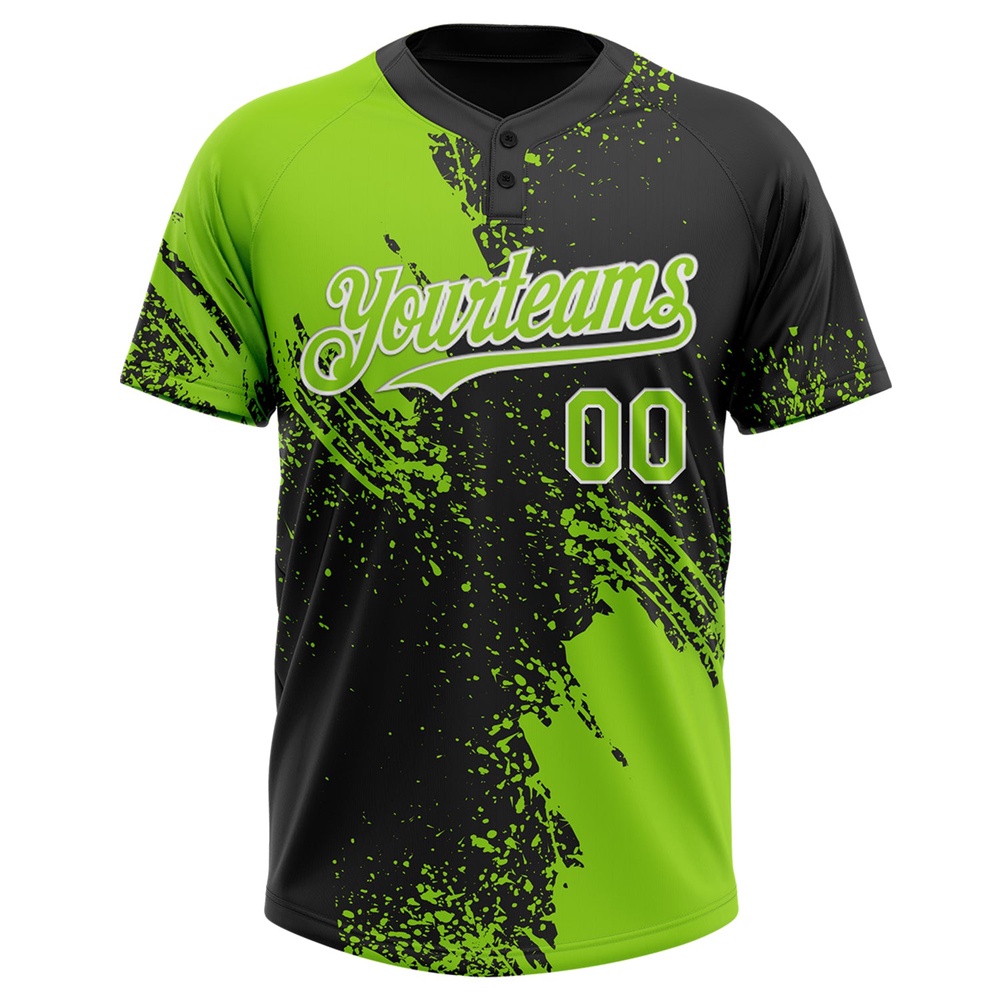 Neon Green Black White 3D Pattern Abstract Brush Stroke Two Button Unisex Softball Jersey, Custom Team Softball Jersey Neon Green Black White 3D Pattern Abstract Brush Stroke Two Button Unisex Softball Jersey, Custom Team Softball Jersey