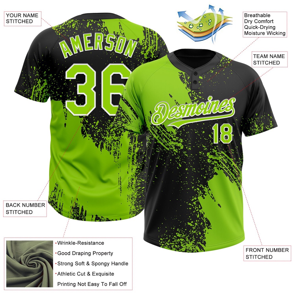 Neon Green Black White 3D Pattern Abstract Brush Stroke Two Button Unisex Softball Jersey, Custom Team Softball Jersey Neon Green Black White 3D Pattern Abstract Brush Stroke Two Button Unisex Softball Jersey, Custom Team Softball Jersey