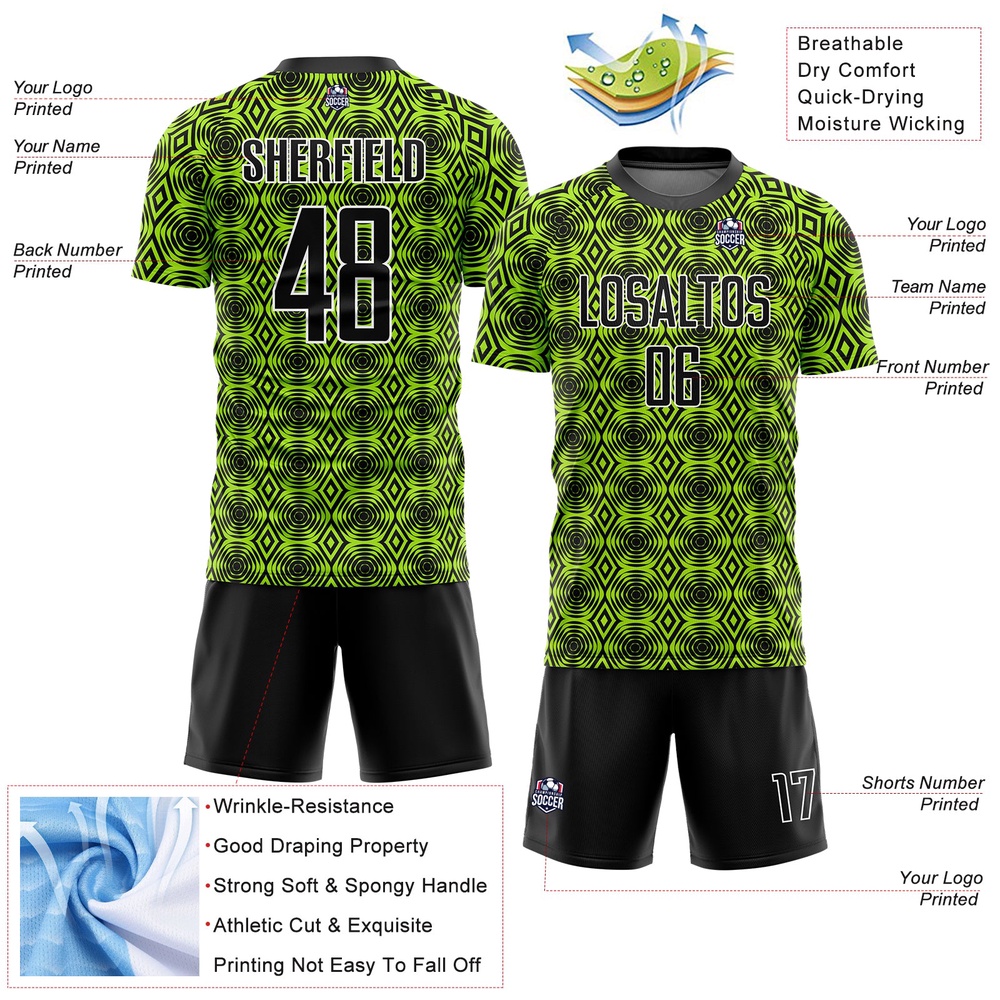 Neon Green Black White Geometric Shapes Sublimation Soccer Uniform Jersey, Custom Team Soccer Jersey Shirt