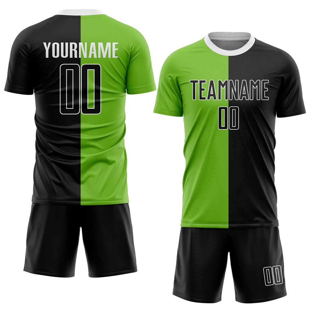 Neon Green Black White Sublimation Split Fashion Soccer Uniform Jersey, Custom Team Soccer Jersey Shirt