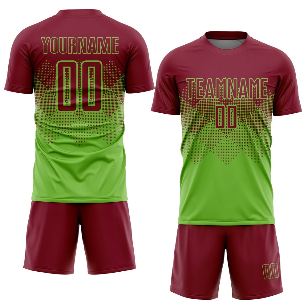 Neon Green Crimson Sublimation Soccer Uniform Jersey, Custom Team Soccer Jersey Shirt