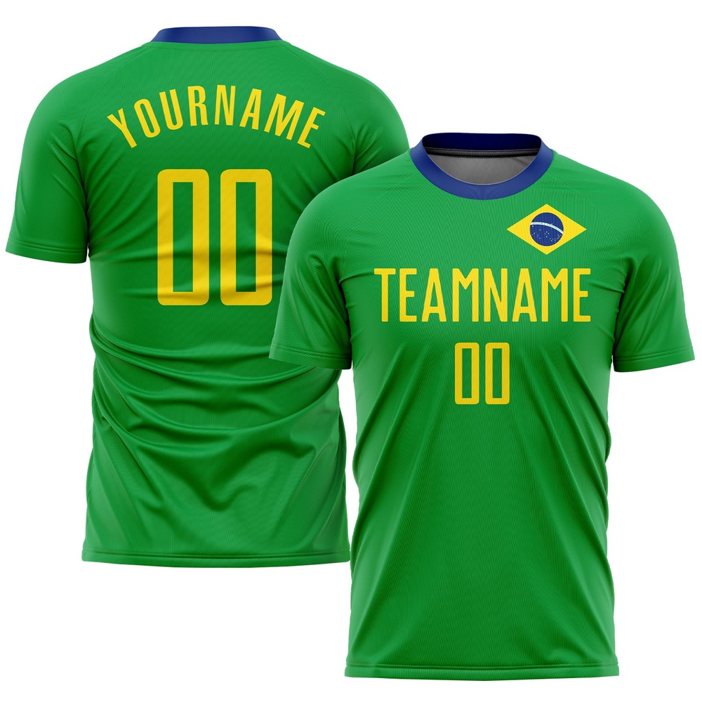 Neon Green Gold Royal Sublimation Brazilian Flag Soccer Uniform Jersey, Custom Team Soccer Jersey Shirt