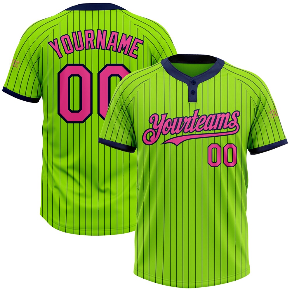 Neon Green Navy Pinstripe Pink Two Button Unisex Softball Jersey, Custom Team Softball Jersey