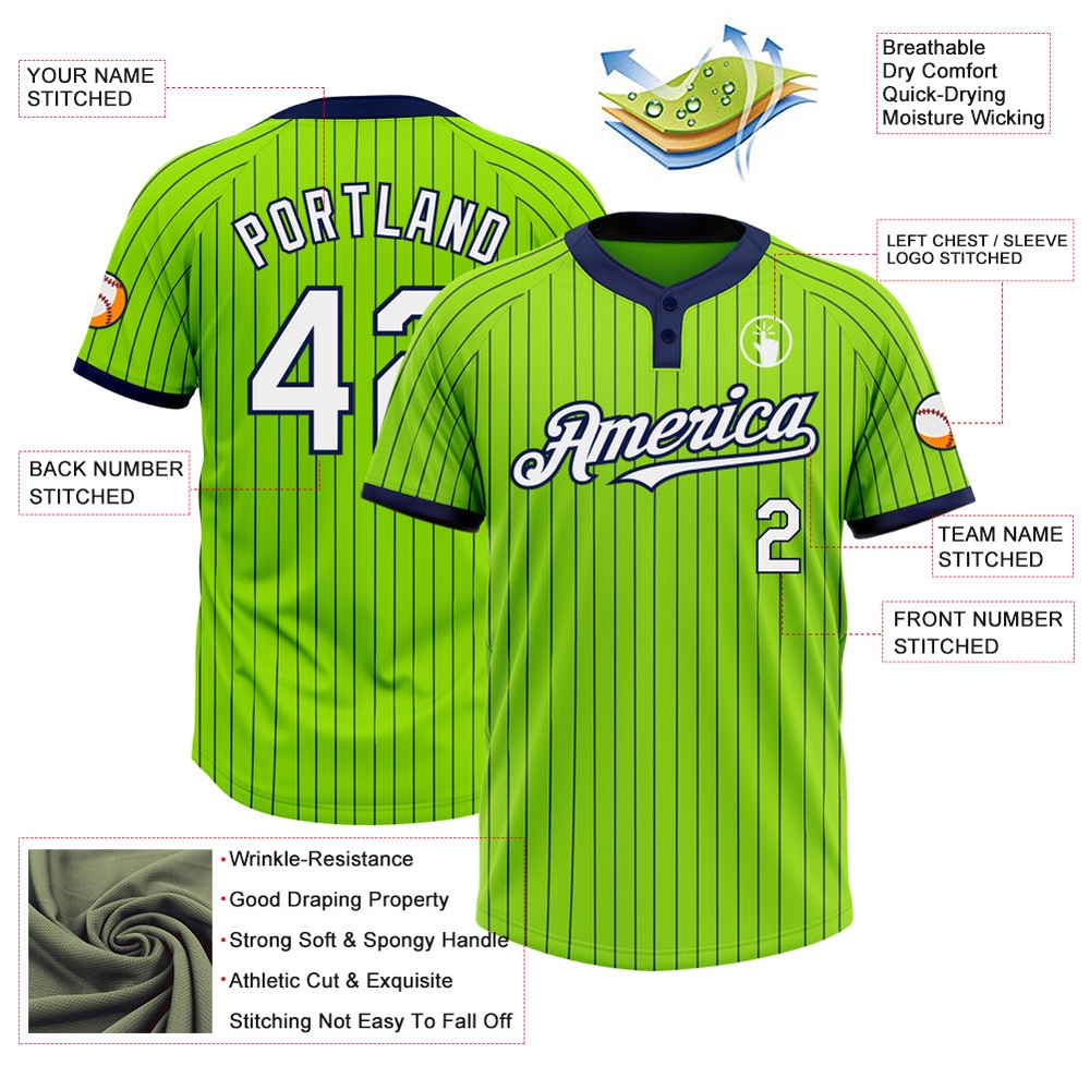 Neon Green Navy Pinstripe White Two Button Unisex Softball Jersey, Custom Team Softball Jersey