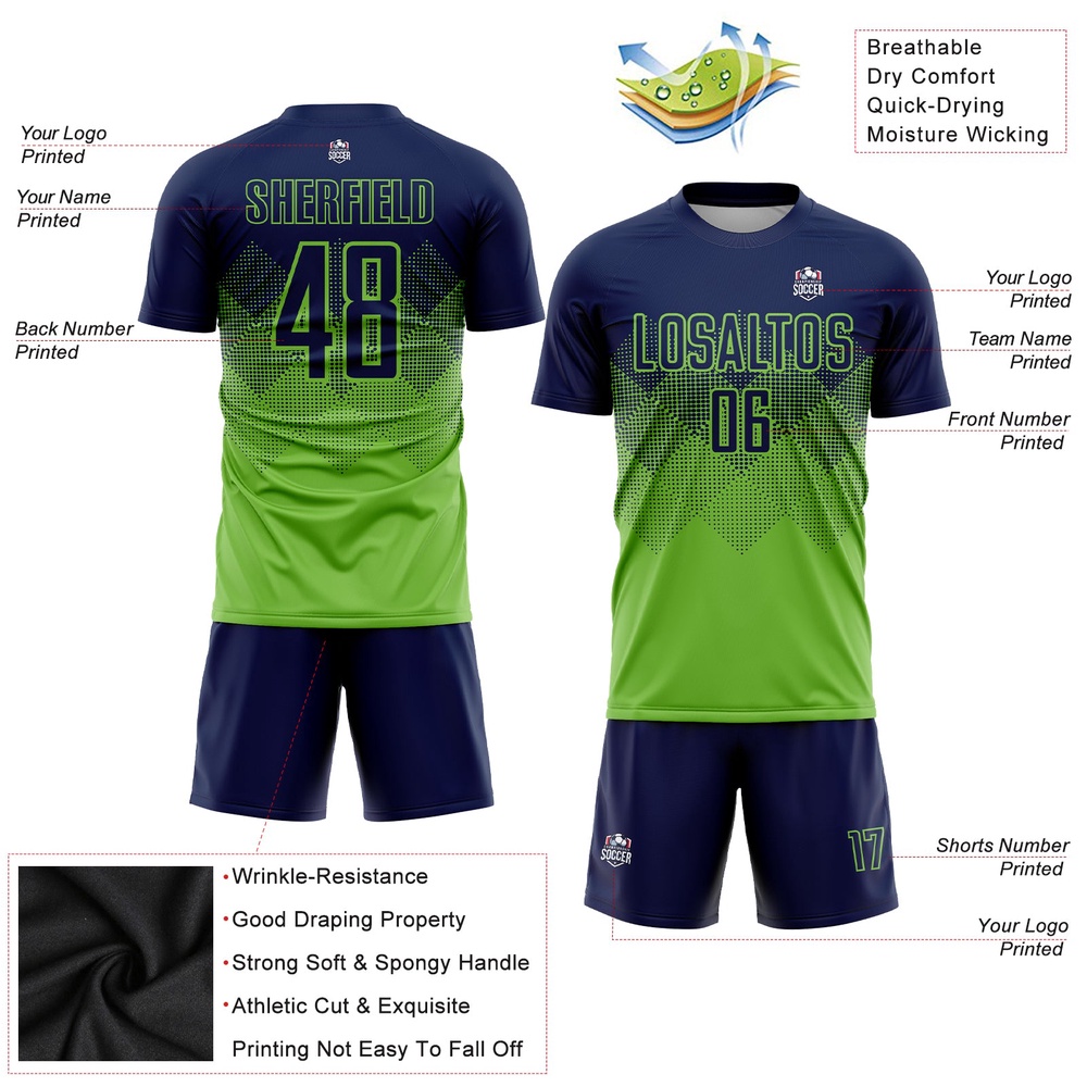 Neon Green Navy Sublimation Soccer Uniform Jersey, Custom Team Soccer Jersey Shirt Neon Green Navy Sublimation Soccer Uniform Jersey, Custom Team Soccer Jersey Shirt