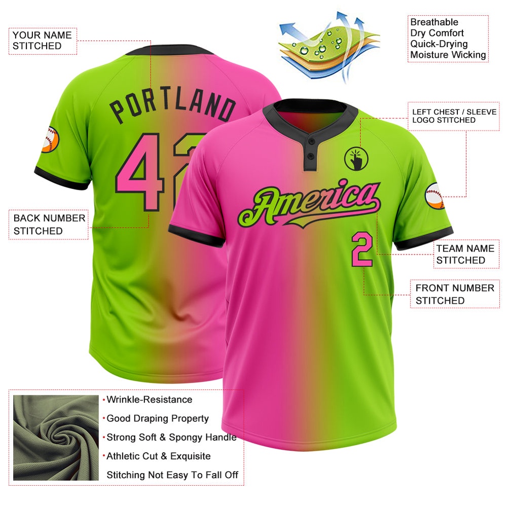 Neon Green Pink Black Gradient Fashion Two Button Unisex Softball Jersey, Custom Team Softball Jersey Neon Green Pink Black Gradient Fashion Two Button Unisex Softball Jersey, Custom Team Softball Jersey