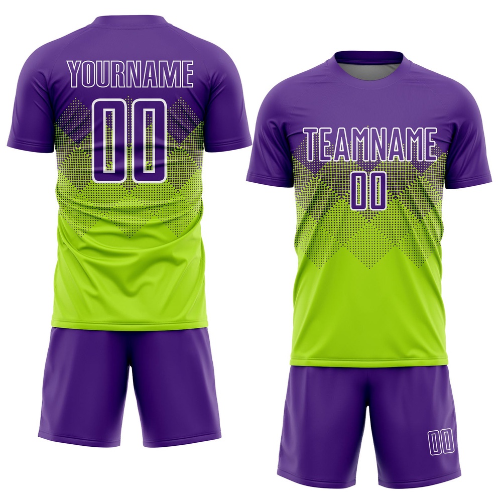 Neon Green Purple White Sublimation Soccer Uniform Jersey, Custom Team Soccer Jersey Shirt