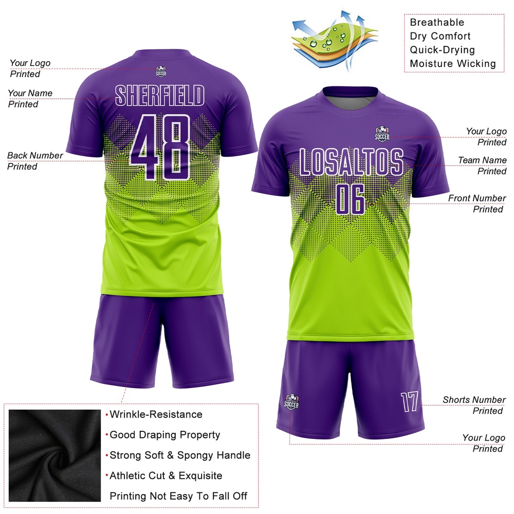 Neon Green Purple White Sublimation Soccer Uniform Jersey, Custom Team Soccer Jersey Shirt