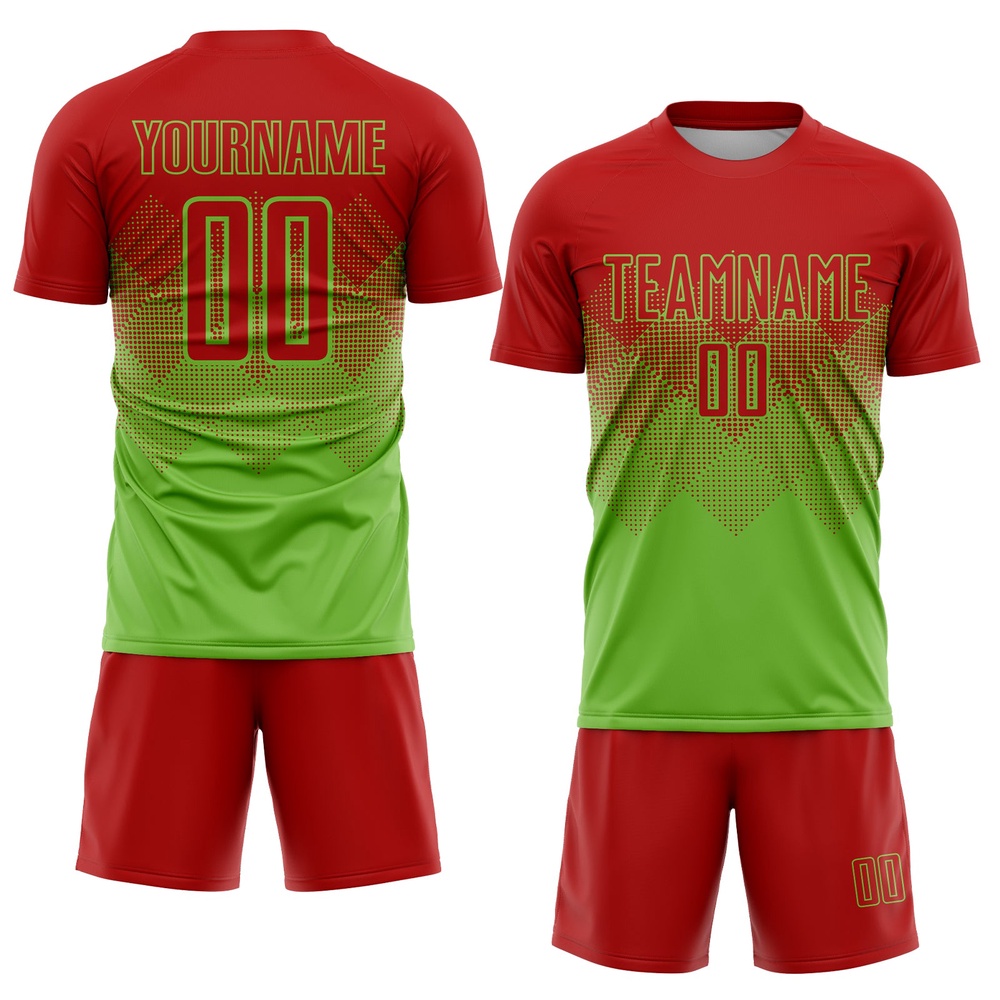 Neon Green Red Sublimation Soccer Uniform Jersey, Custom Team Soccer Jersey Shirt Neon Green Red Sublimation Soccer Uniform Jersey, Custom Team Soccer Jersey Shirt