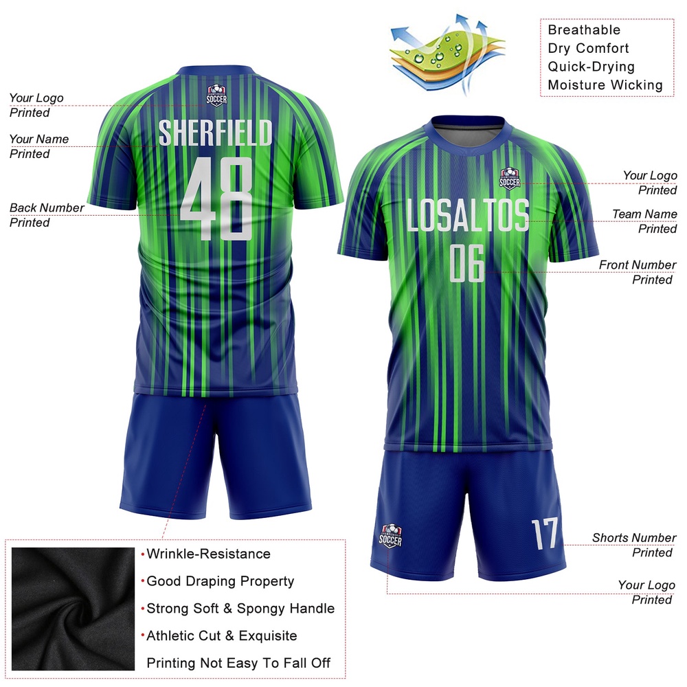 Neon Green White Royal Sublimation Soccer Uniform Jersey, Custom Team Soccer Jersey Shirt