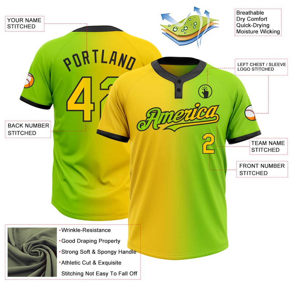 Neon Green Yellow Black Gradient Fashion Two Button Unisex Softball Jersey, Custom Team Softball Jersey Neon Green Yellow Black Gradient Fashion Two Button Unisex Softball Jersey, Custom Team Softball Jersey
