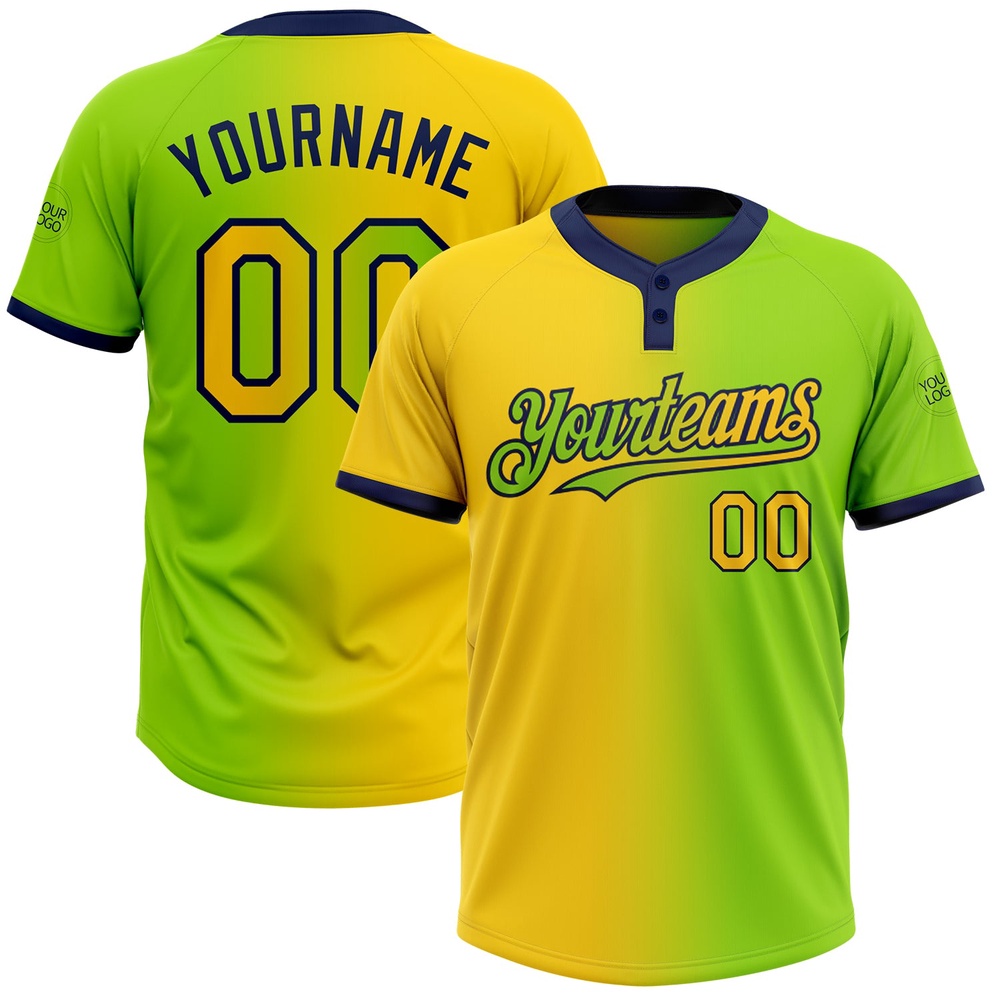 Neon Green Yellow Navy Gradient Fashion Two Button Unisex Softball Jersey, Custom Team Softball Jersey Neon Green Yellow Navy Gradient Fashion Two Button Unisex Softball Jersey, Custom Team Softball Jersey