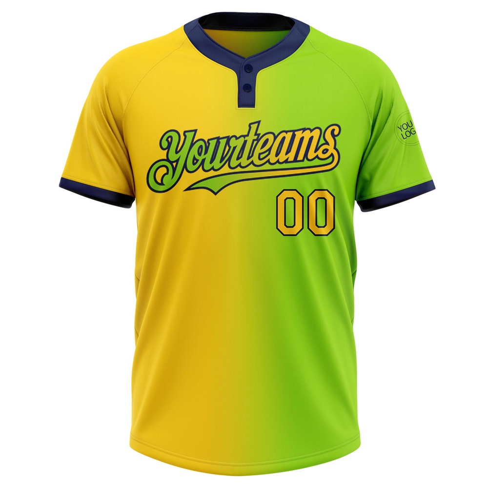 Neon Green Yellow Navy Gradient Fashion Two Button Unisex Softball Jersey, Custom Team Softball Jersey Neon Green Yellow Navy Gradient Fashion Two Button Unisex Softball Jersey, Custom Team Softball Jersey