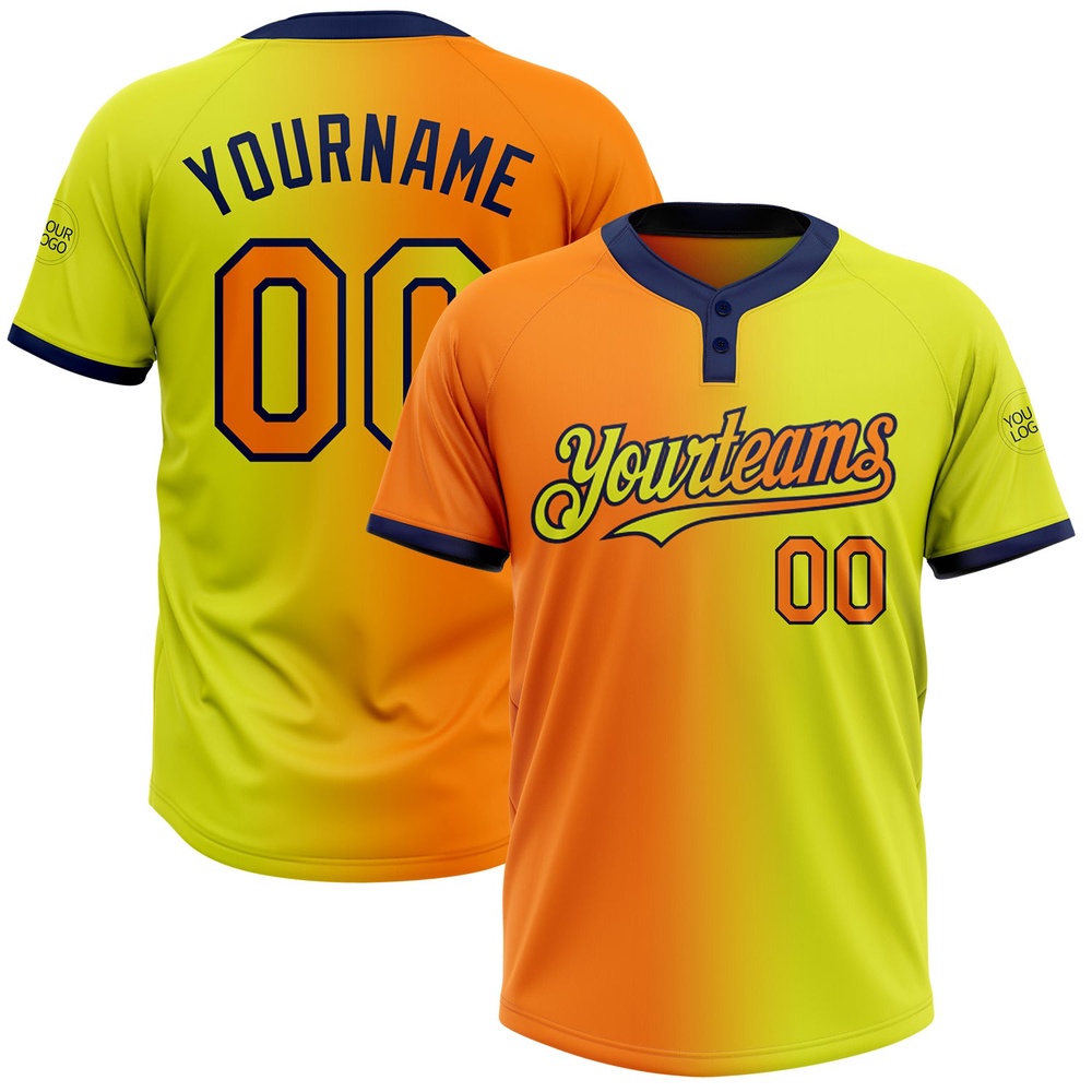 Neon Yellow Bay Orange Navy Gradient Fashion Two Button Unisex Softball Jersey, Custom Team Softball Jersey