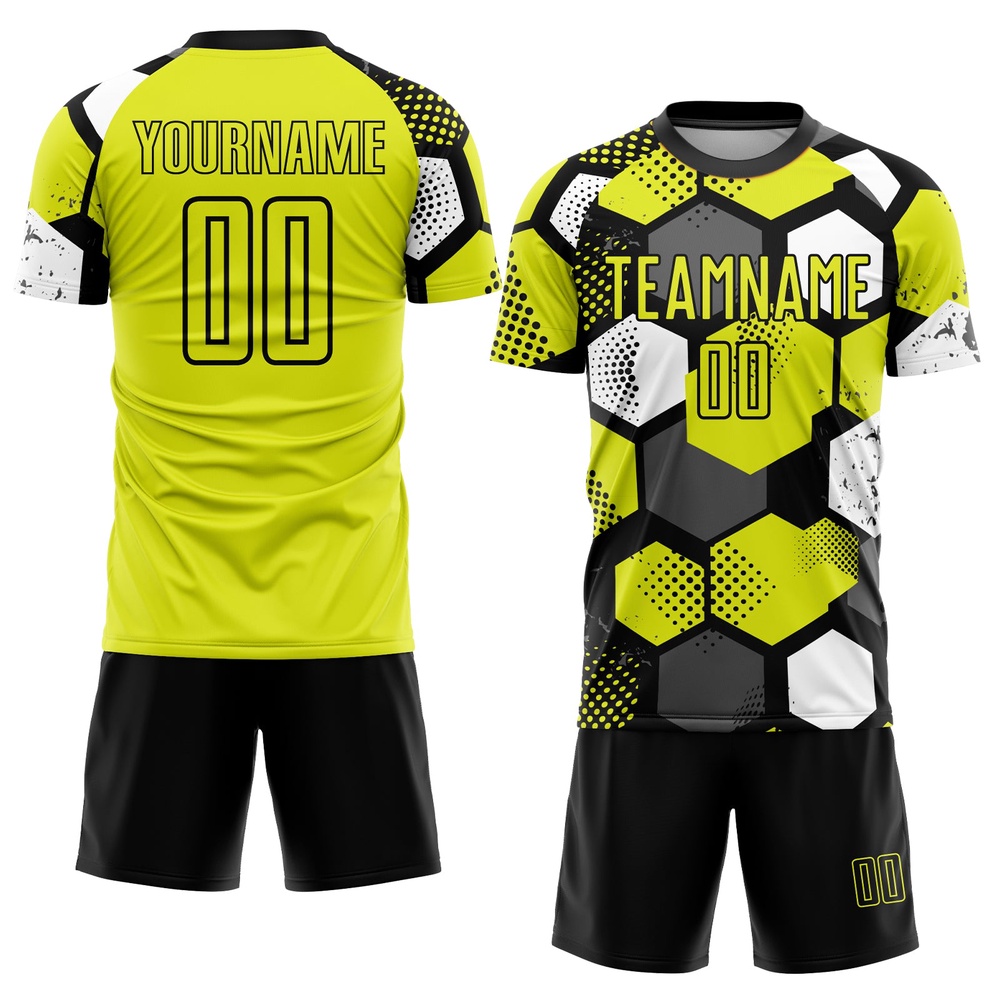 Neon Yellow Black White Sublimation Soccer Uniform Jersey, Custom Team Soccer Jersey Shirt