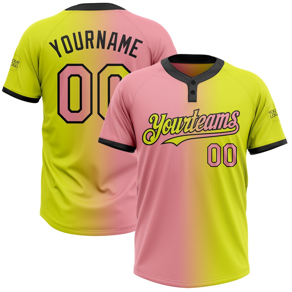 Neon Yellow Medium Pink Black Gradient Fashion Two Button Unisex Softball Jersey, Custom Team Softball Jersey Neon Yellow Medium Pink Black Gradient Fashion Two Button Unisex Softball Jersey, Custom Team Softball Jersey