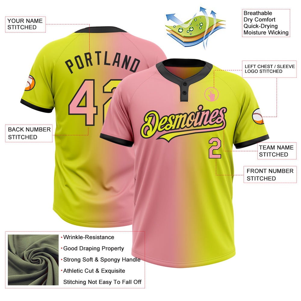 Neon Yellow Medium Pink Black Gradient Fashion Two Button Unisex Softball Jersey, Custom Team Softball Jersey Neon Yellow Medium Pink Black Gradient Fashion Two Button Unisex Softball Jersey, Custom Team Softball Jersey