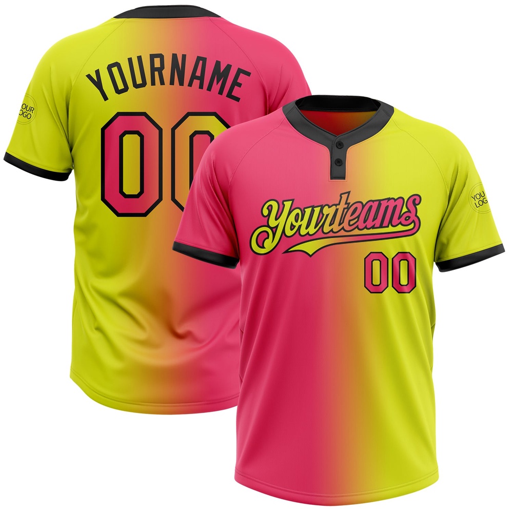 Neon Yellow Neon Pink Black Gradient Fashion Two Button Unisex Softball Jersey, Custom Team Softball Jersey