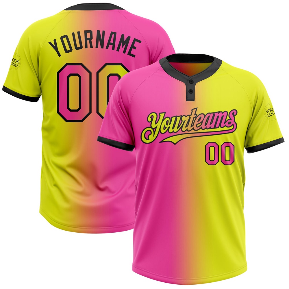 Neon Yellow Pink Black Gradient Fashion Two Button Unisex Softball Jersey, Custom Team Softball Jersey Neon Yellow Pink Black Gradient Fashion Two Button Unisex Softball Jersey, Custom Team Softball Jersey