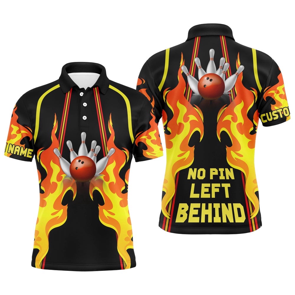 No Pin Left Behind Men Polo Bowling Shirt, Cool Flame Bowler Polo Shirt, Personalized Bowling Team Shirt