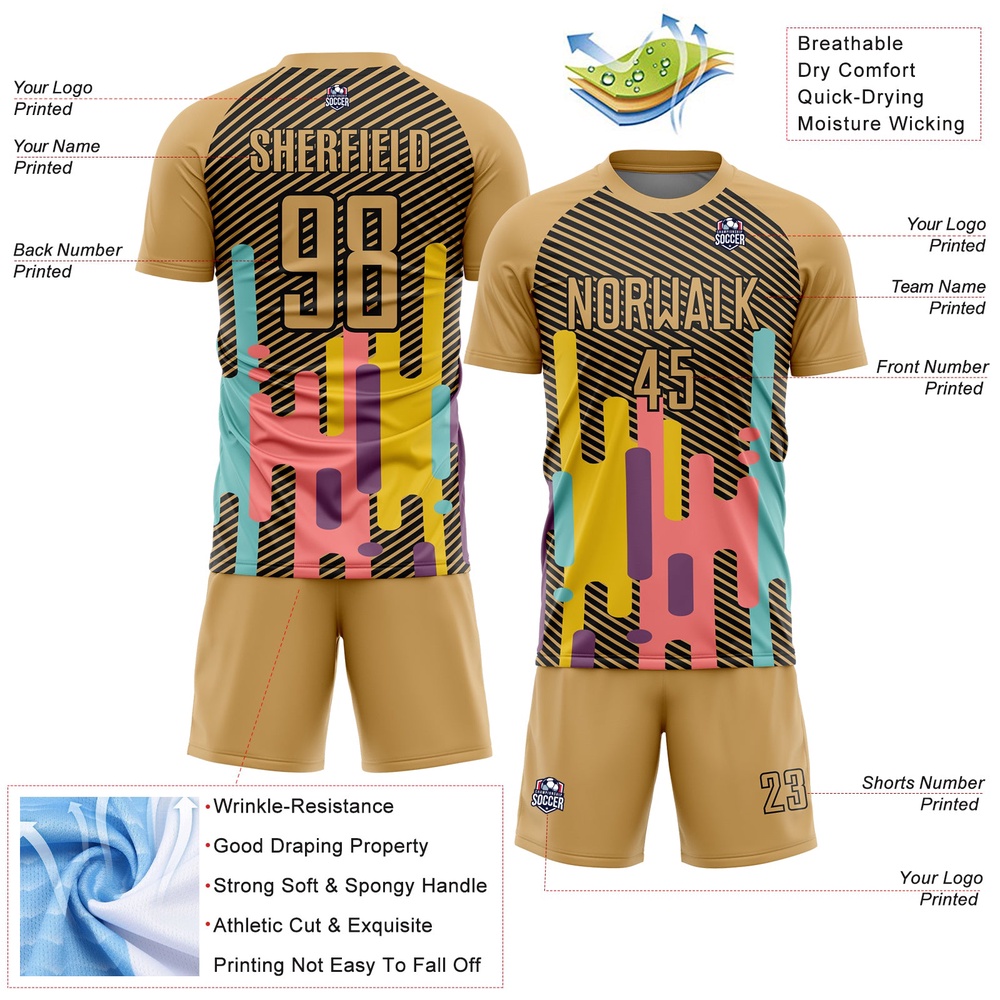 Old Gold Black Lines Sublimation Soccer Uniform Jersey, Custom Team Soccer Jersey Shirt