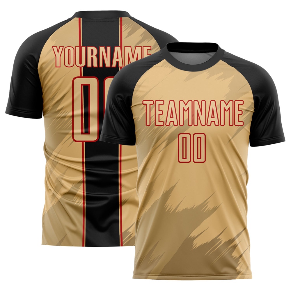 Old Gold Black Red Sharp Shapes Sublimation Soccer Uniform Jersey, Custom Team Soccer Jersey Shirt