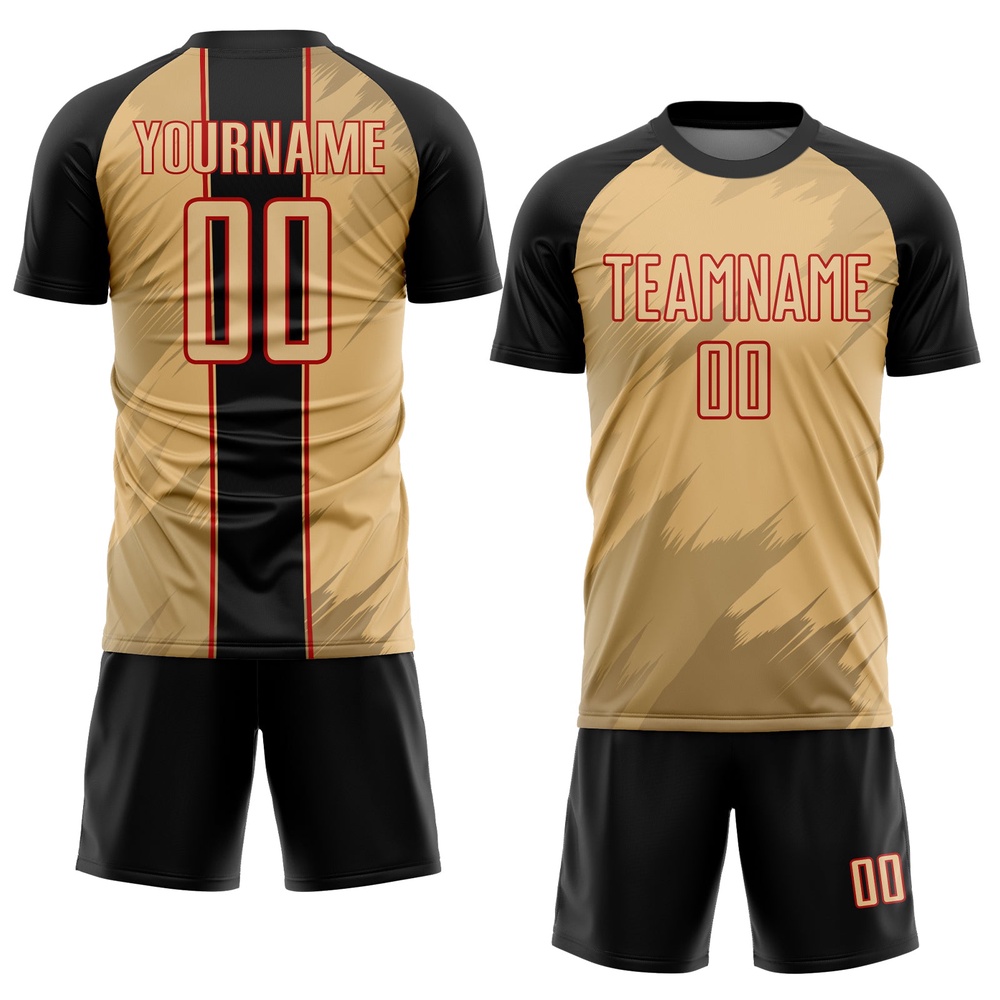 Old Gold Black Red Sharp Shapes Sublimation Soccer Uniform Jersey, Custom Team Soccer Jersey Shirt