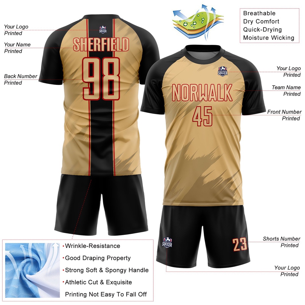Old Gold Black Red Sharp Shapes Sublimation Soccer Uniform Jersey, Custom Team Soccer Jersey Shirt
