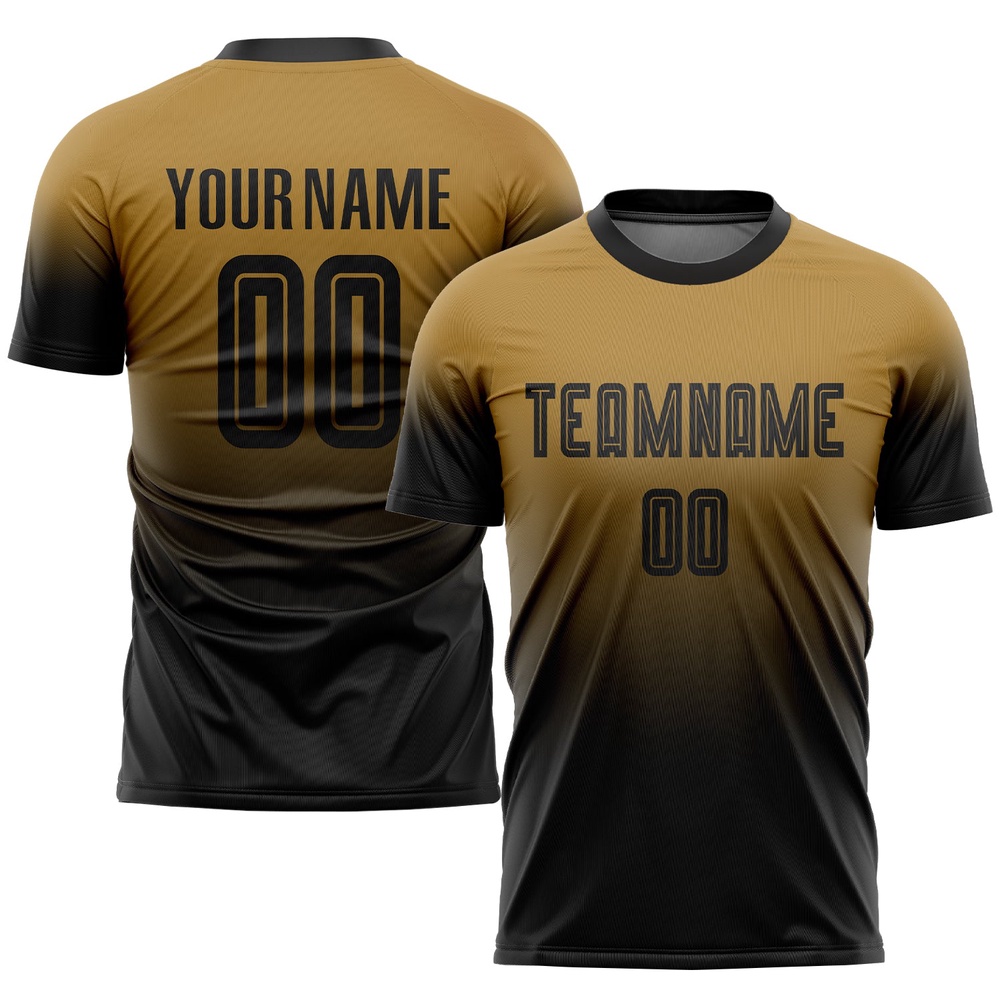 Old Gold Black Sublimation Fade Fashion Soccer Uniform Jersey, Custom Team Soccer Jersey Shirt