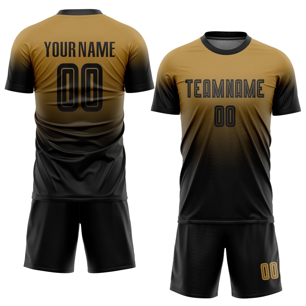 Old Gold Black Sublimation Fade Fashion Soccer Uniform Jersey, Custom Team Soccer Jersey Shirt