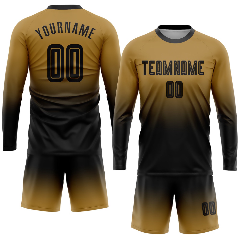 Old Gold Black Sublimation Long Sleeve Fade Fashion Soccer Uniform Jersey, Custom Team Soccer Jersey Shirt