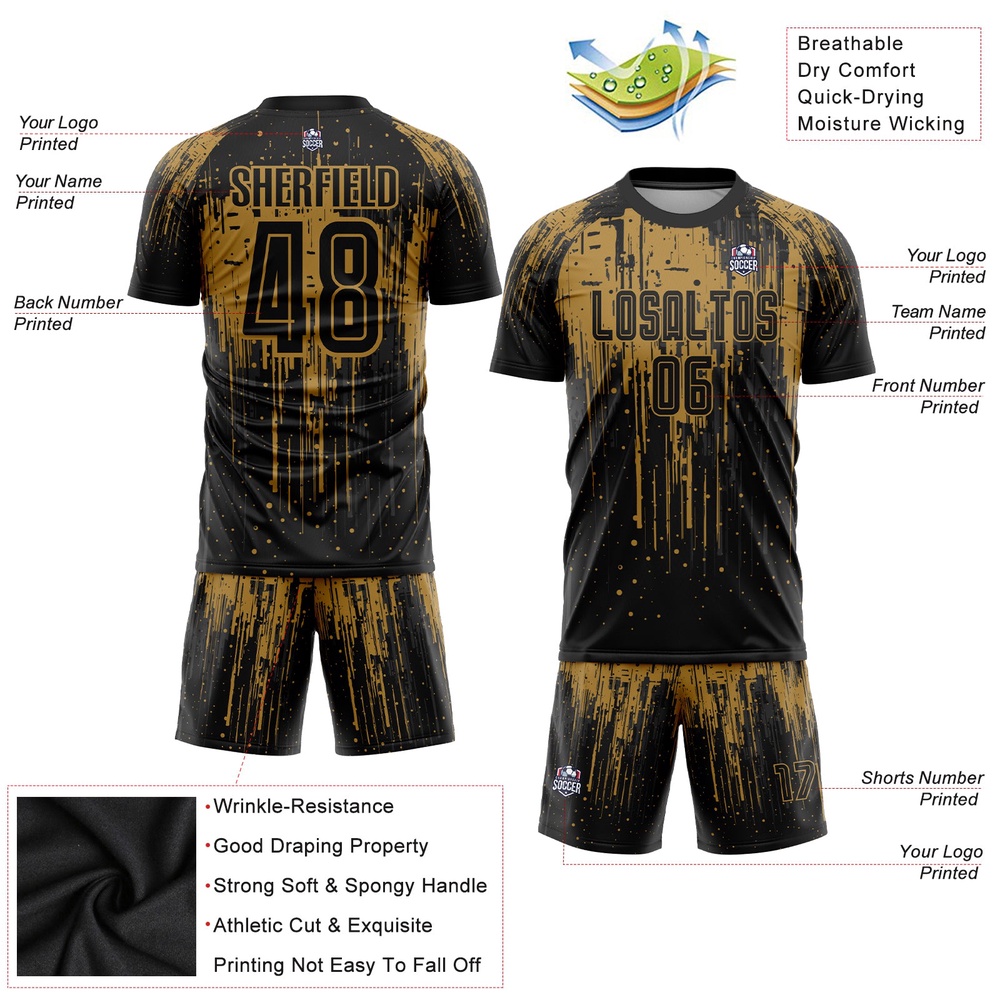 Old Gold Black Sublimation Soccer Uniform Jersey, Custom Team Soccer Jersey Shirt