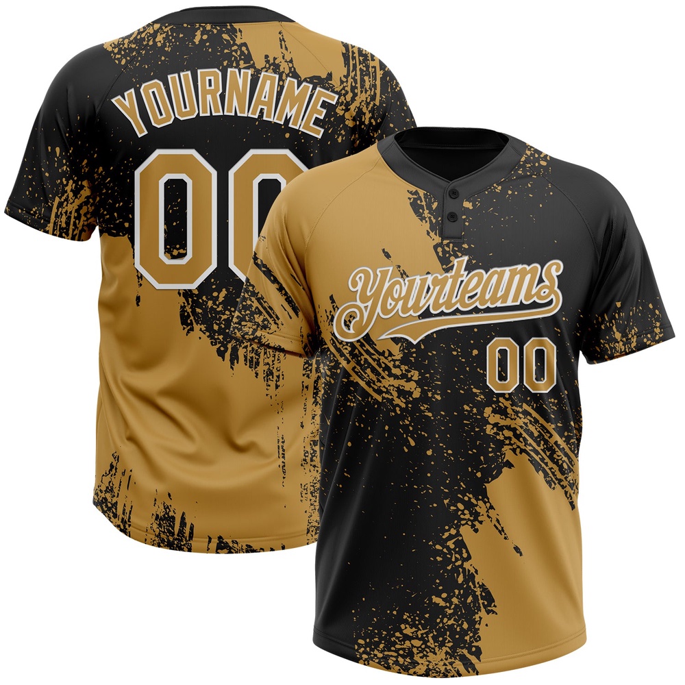 Old Gold Black White 3D Pattern Abstract Brush Stroke Two Button Unisex Softball Jersey, Custom Team Softball Jersey