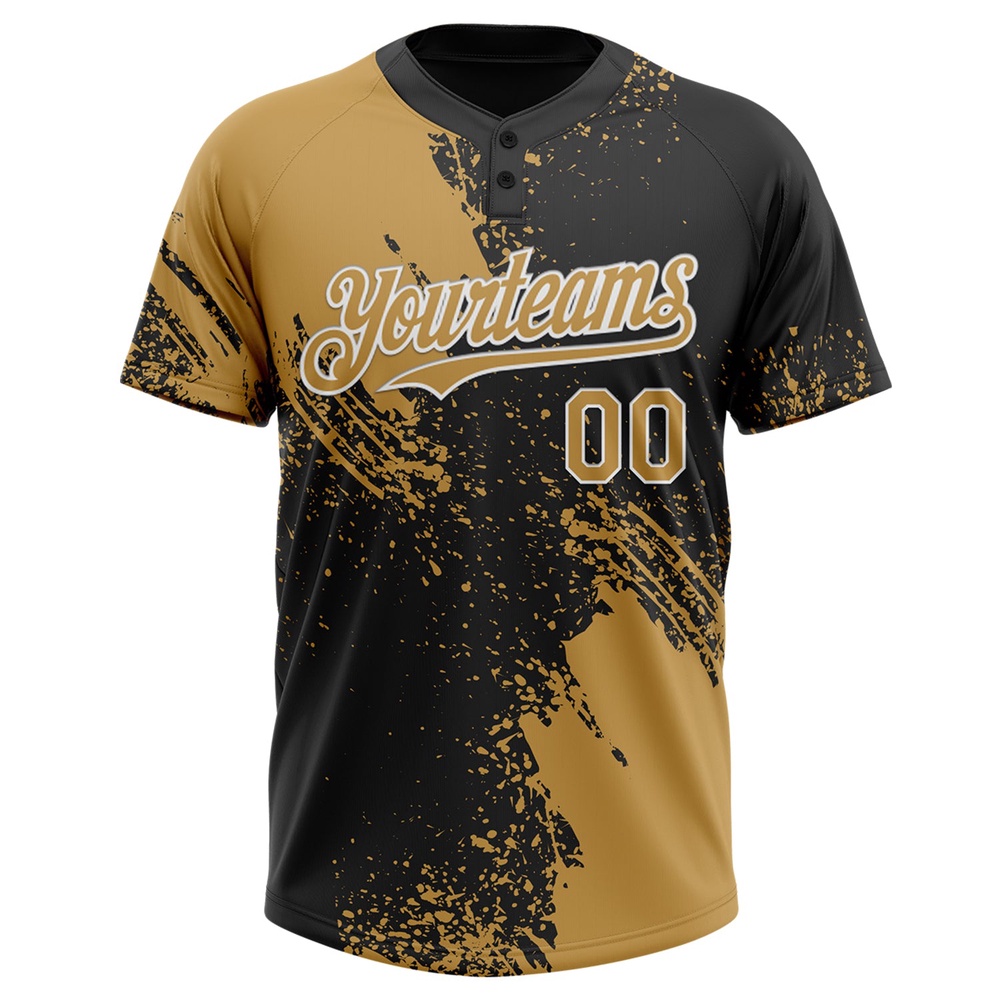 Old Gold Black White 3D Pattern Abstract Brush Stroke Two Button Unisex Softball Jersey, Custom Team Softball Jersey