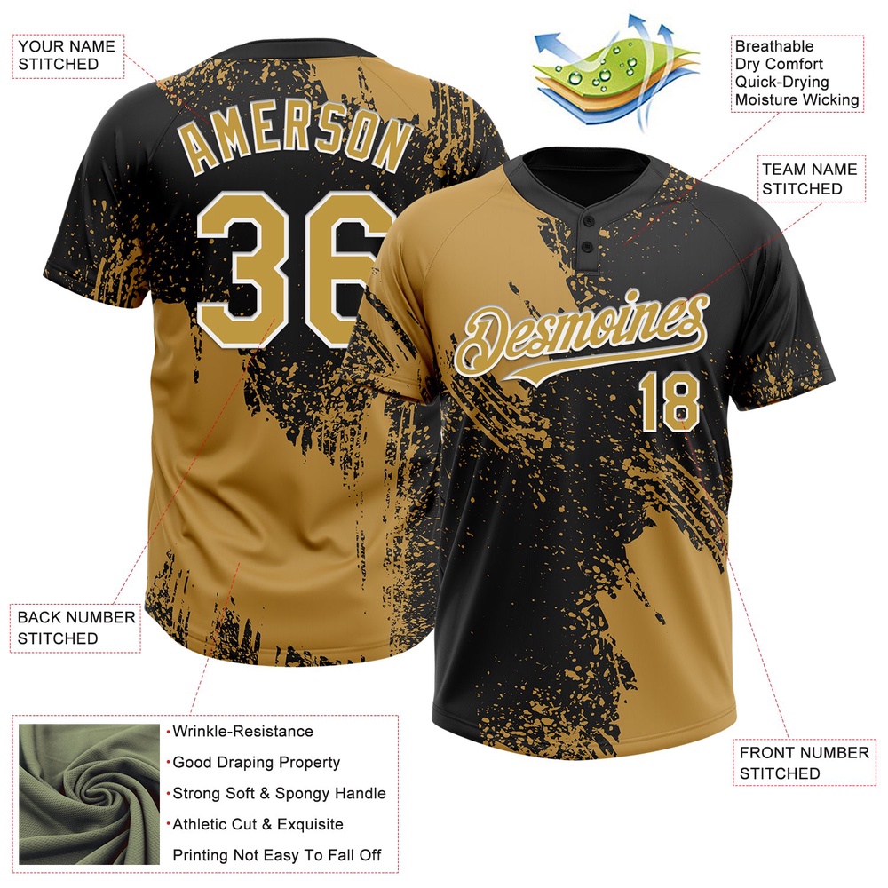 Old Gold Black White 3D Pattern Abstract Brush Stroke Two Button Unisex Softball Jersey, Custom Team Softball Jersey