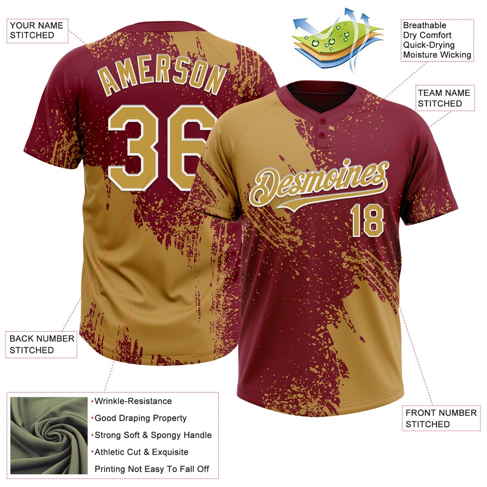 Old Gold Crimson White 3D Pattern Abstract Brush Stroke Two Button Unisex Softball Jersey, Custom Team Softball Jersey