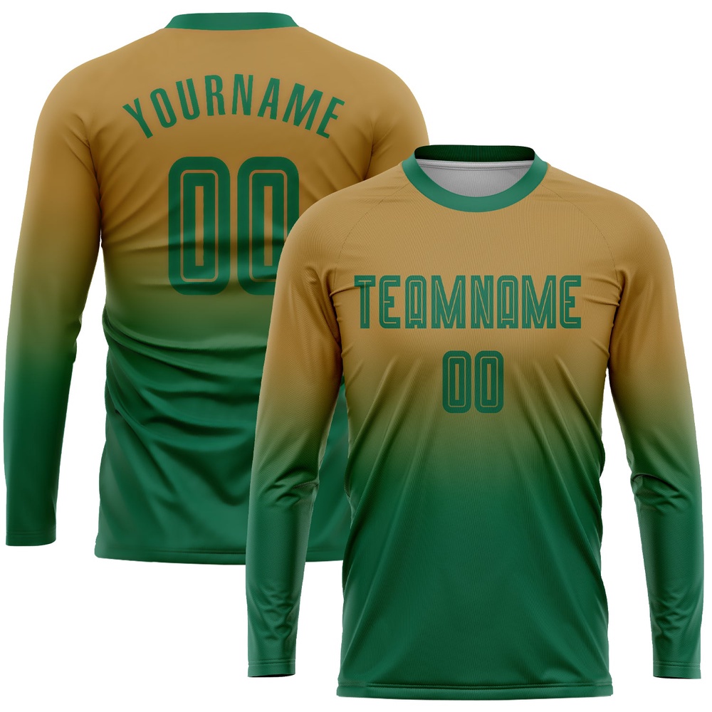 Old Gold Kelly Green Sublimation Long Sleeve Fade Fashion Soccer Uniform Jersey, Custom Team Soccer Jersey Shirt