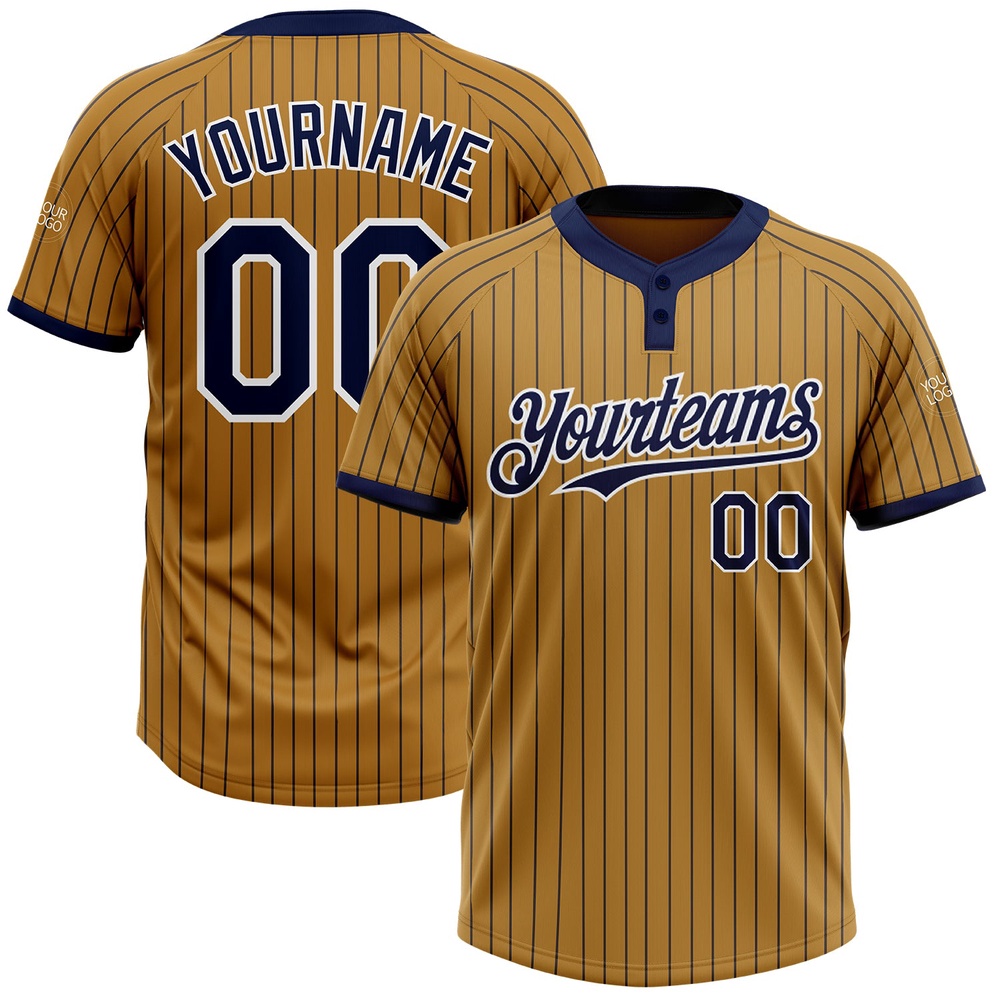 Old Gold Navy Pinstripe White Two Button Unisex Softball Jersey, Custom Team Softball Jersey