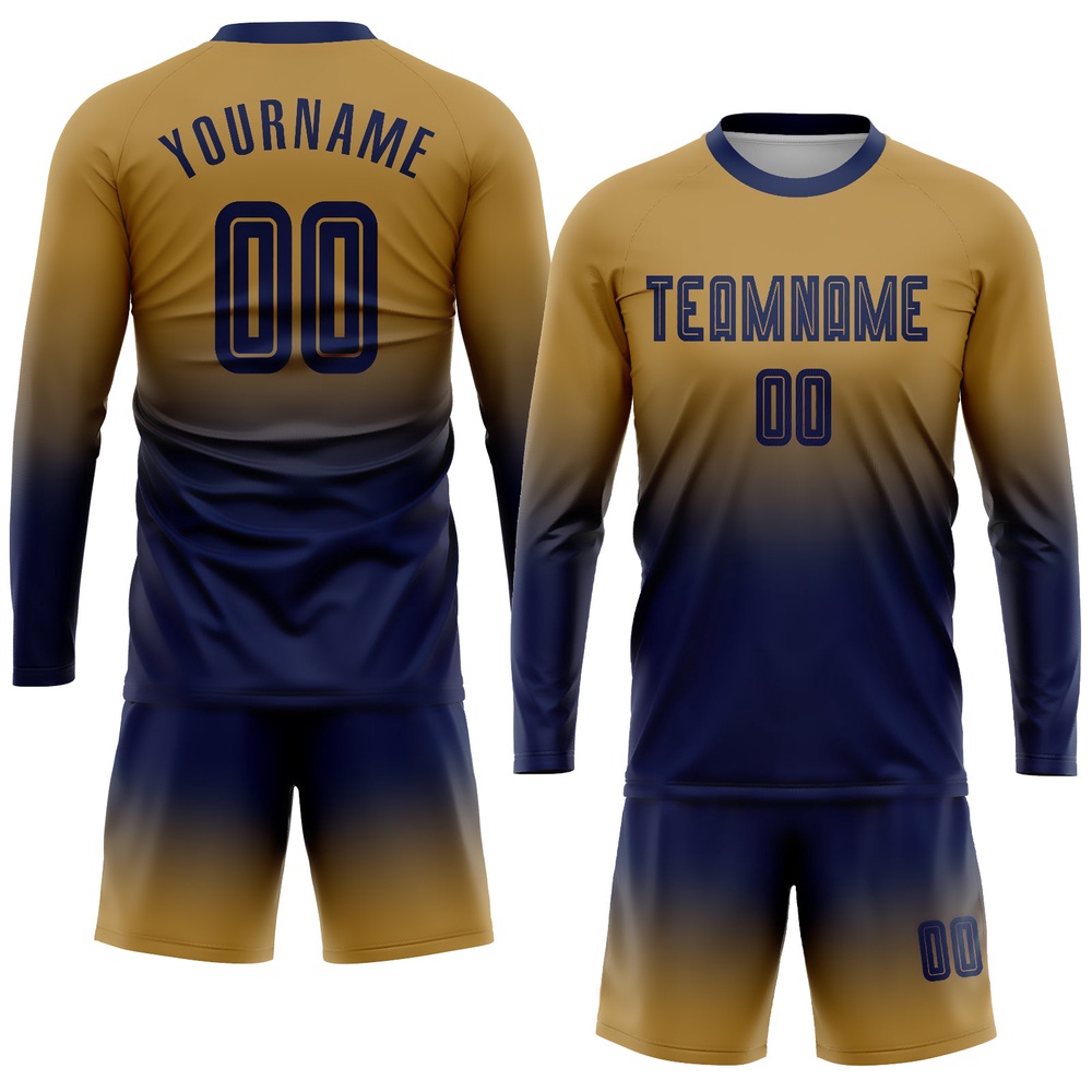 Old Gold Navy Sublimation Long Sleeve Fade Fashion Soccer Uniform Jersey, Custom Team Soccer Jersey Shirt Old Gold Navy Sublimation Long Sleeve Fade Fashion Soccer Uniform Jersey, Custom Team Soccer Jersey Shirt